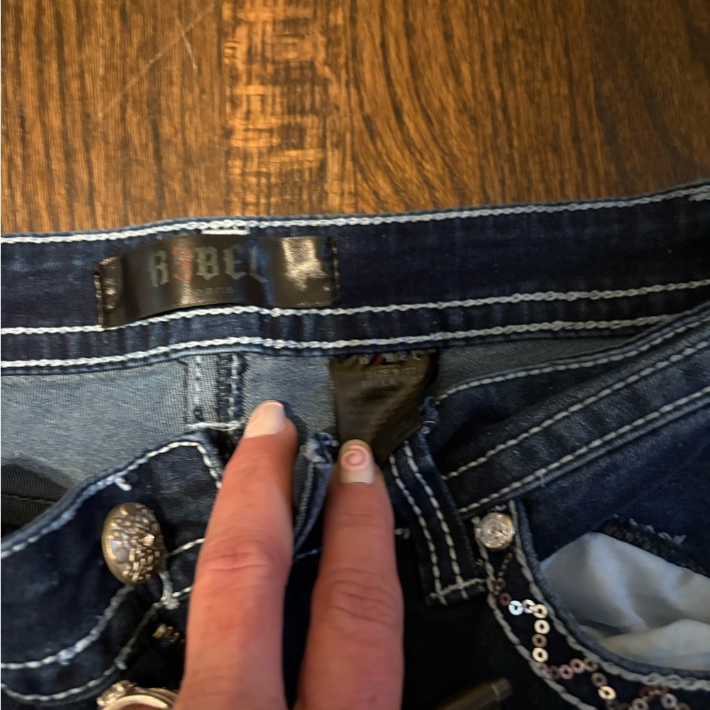 rebels Dark Blue Flare Jeans with Contrast Stitching - Picture 3 of 6